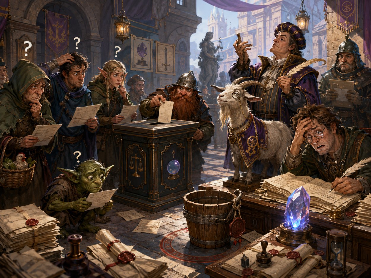 Satirische Fantasy-Illustration zum Schicksals-Wahl-O-Mat: Zwischen Wahlurne, Ziege, Eimer, Kristall und Aktenbergen versuchen völlig überforderte Bewohner der Zwischenreiche, eine absurde politische Entscheidung zu treffen.