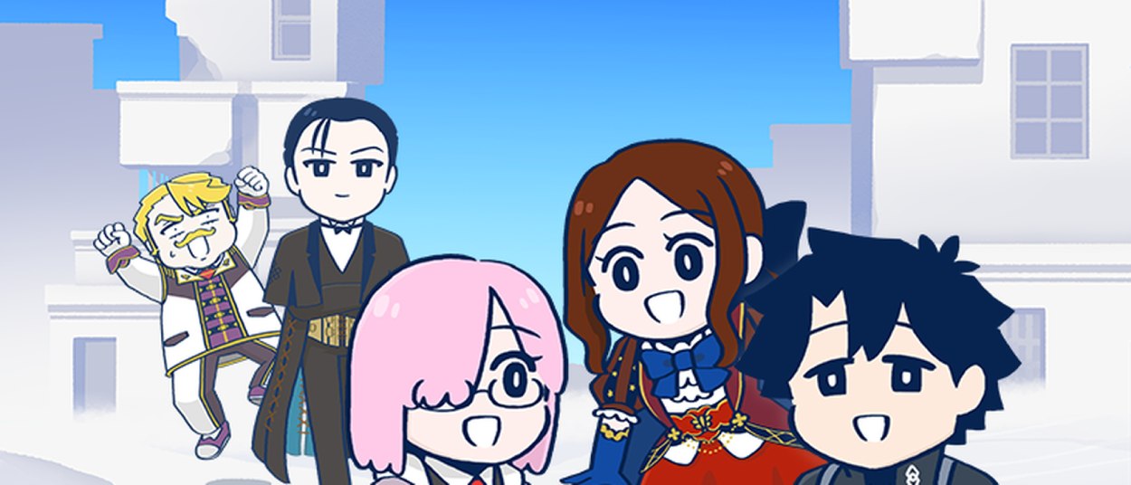 Mehrere niedlich gezeichnete Figuren aus Fate/Grand Order sitzen und stehen gemeinsam in einer hellen Stadtlandschaft; Fujimaru hält ein Sandwich, während Mash eine Schachtel trägt.