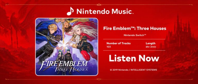 Breites rotes Nintendo-Music-Motiv zu Fire Emblem: Three Houses mit dem Spielcover sowie Angaben zu 103 Musikstücken und einer Laufzeit von 6 Stunden und 3 Minuten.