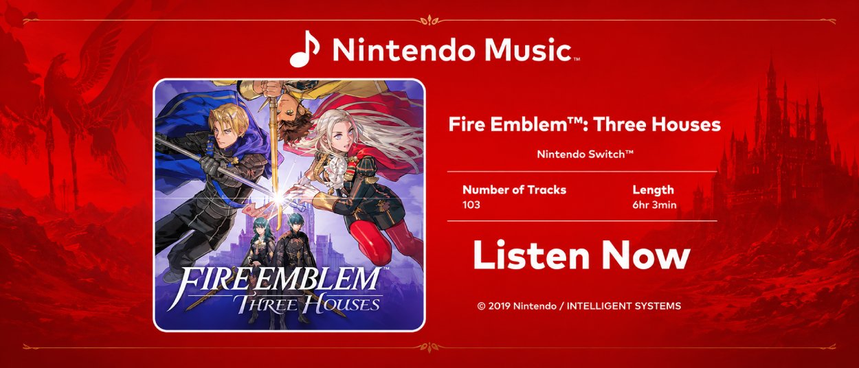 Breites rotes Nintendo-Music-Motiv zu Fire Emblem: Three Houses mit dem Spielcover sowie Angaben zu 103 Musikstücken und einer Laufzeit von 6 Stunden und 3 Minuten.