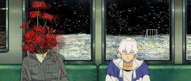 Toshiro sitzt in einer U-Bahn neben einem Menschen, dessen Kopf durch einen dichten Strauß roter Blumen ersetzt wurde; draußen liegt eine dunkle, kahle Landschaft.