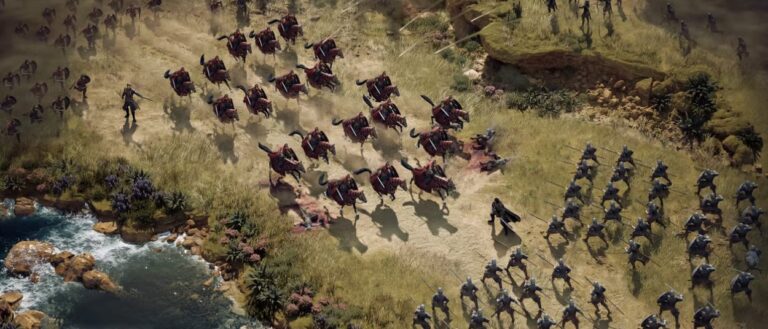 Kavallerie und Infanterie treffen auf einem grasbewachsenen Schlachtfeld in Game of Thrones: War for Westeros aufeinander.