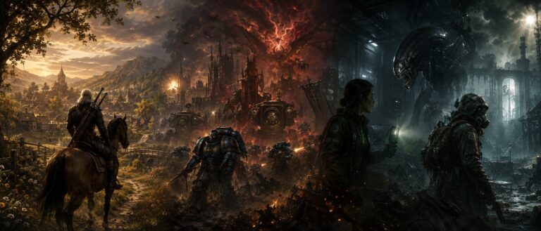 Breite Fantasy- und Science-Fiction-Collage mit einem Hexer zu Pferd vor einer mittelalterlichen Landschaft, schwer gepanzerten Kriegern in einer apokalyptischen Schlacht und einer düsteren Science-Fiction-Horrorszene mit bedrohlicher Kreatur in einer Industrieanlage.