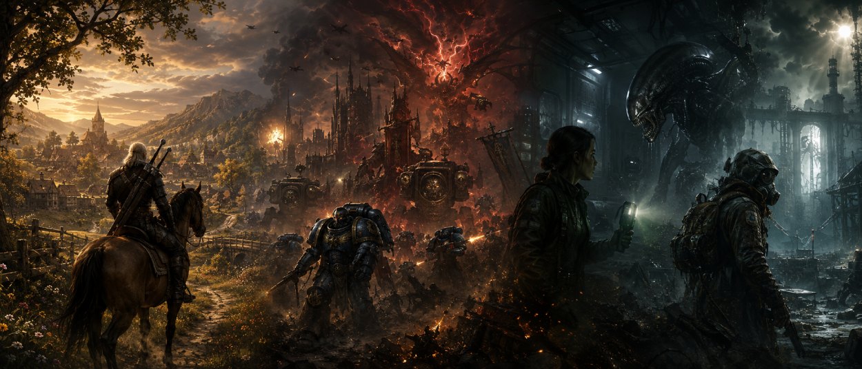 Breite Fantasy- und Science-Fiction-Collage mit einem Hexer zu Pferd vor einer mittelalterlichen Landschaft, schwer gepanzerten Kriegern in einer apokalyptischen Schlacht und einer düsteren Science-Fiction-Horrorszene mit bedrohlicher Kreatur in einer Industrieanlage.
