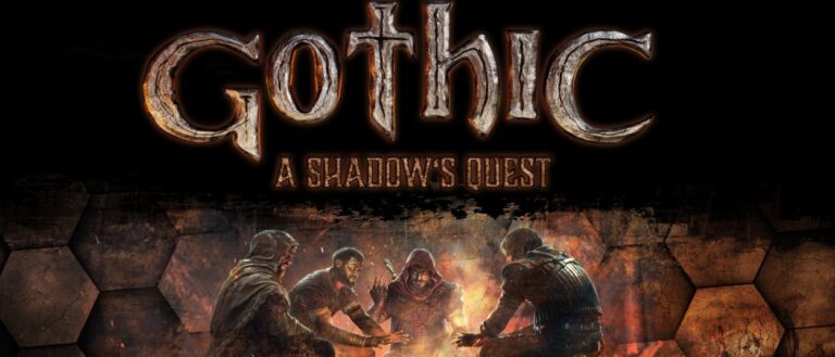 Das Logo von Gothic: A Shadow’s Quest steht über vier düsteren Fantasyfiguren, die sich um einen beleuchteten Tisch versammelt haben. Im Hintergrund sind dunkle sechseckige Steinflächen und orangefarbenes Feuerlicht zu sehen.