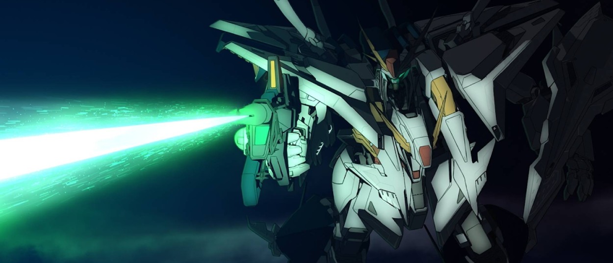 Der weiß-schwarze Xi Gundam feuert in der Dunkelheit einen grell grün leuchtenden Energiestrahl aus seiner Waffe.