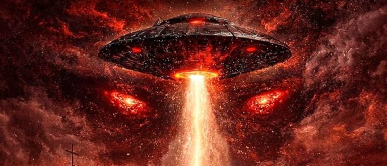 Ein großes dunkles UFO schwebt unter rot glühenden Wolken, in denen zwei riesige dämonische Augen erscheinen; ein Lichtstrahl zieht eine Person vom Boden nach oben, links steht eine kleine Kirche.