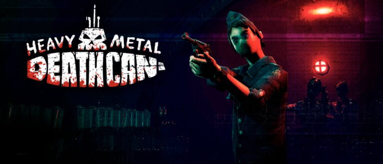 Das offizielle Artwork zu Heavy Metal Death Can zeigt eine bewaffnete Frau in einem düsteren U-Boot, während im roten Licht mehrere mutierte Besatzungsmitglieder hinter ihr auftauchen.