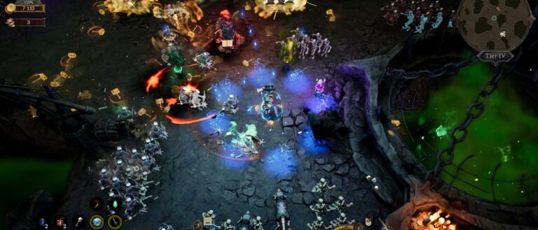 Eine Spielfigur kämpft in einer dunklen unterirdischen Arena gegen zahlreiche Skelette, während blaue Blitze, Feuerexplosionen und grüne magische Flüssigkeit die Umgebung erhellen.