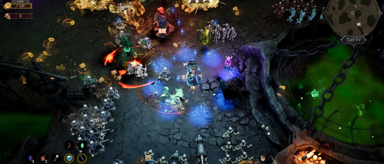 Eine Spielfigur kämpft in einer dunklen unterirdischen Arena gegen zahlreiche Skelette, während blaue Blitze, Feuerexplosionen und grüne magische Flüssigkeit die Umgebung erhellen.
