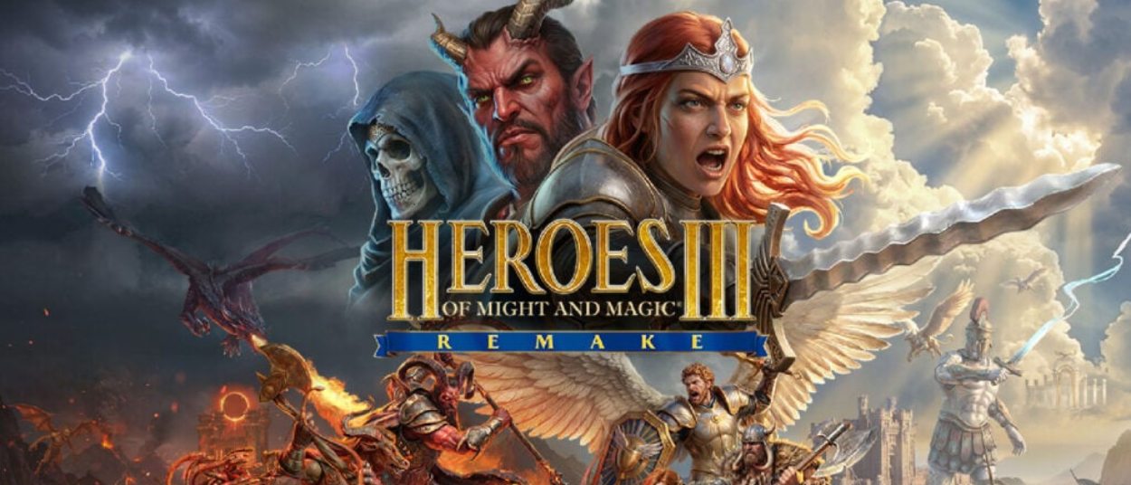Das offizielle Artwork zu Heroes of Might and Magic III Remake zeigt mehrere Fantasyhelden und Kreaturen vor einer weitläufigen Landschaft Erathias.