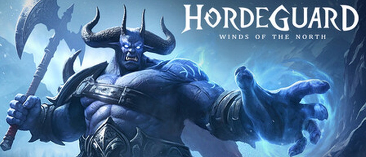 Eine große blauhäutige gehörnte Fantasykreatur hält eine Axt und streckt eine Hand nach vorn; daneben steht der Schriftzug Hordeguard: Winds of the North.