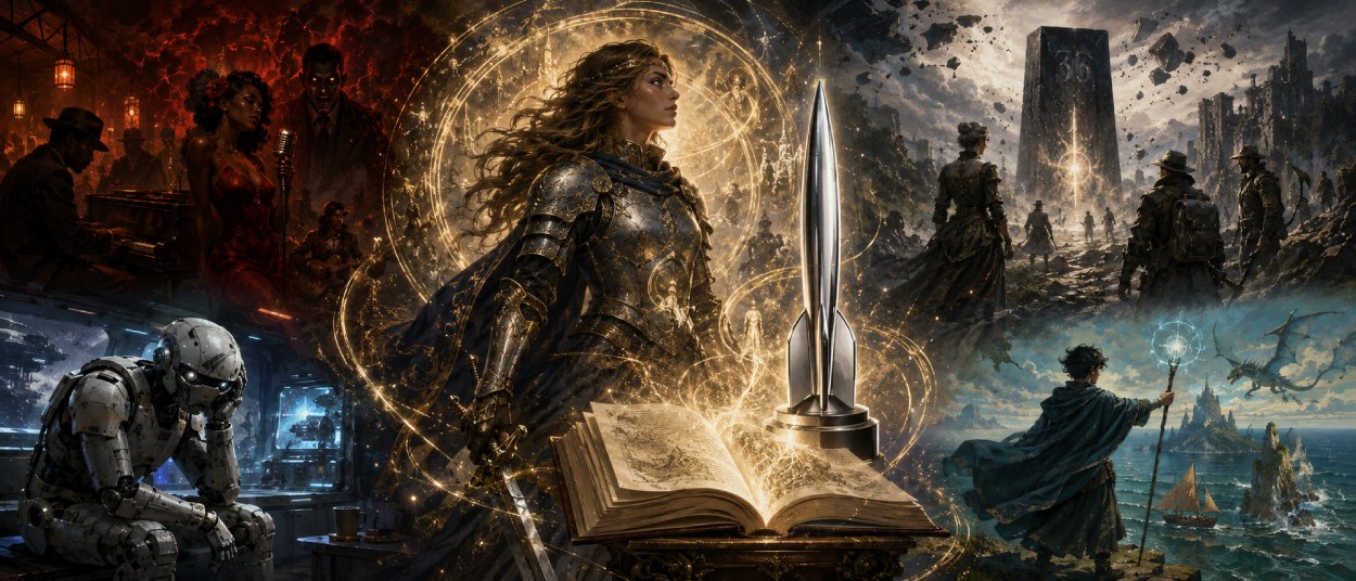 Breite Fantasy- und Science-Fiction-Collage mit einer gerüsteten Heldin, einer glänzenden Raketen-Trophäe über einem offenen Buch, einer düsteren Musikszene, einem humanoiden Roboter, einer zerstörten Fantasystadt und einer magischen Küstenlandschaft.