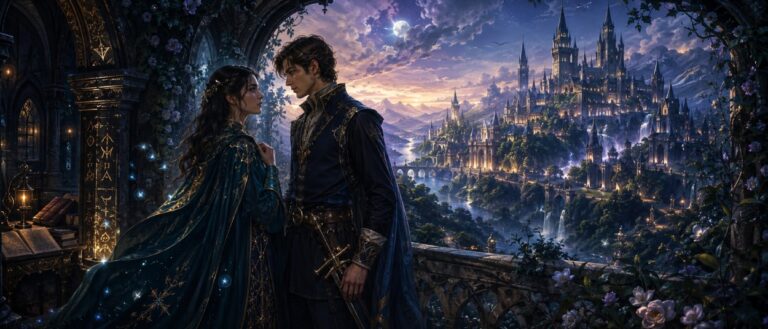 Eine junge Frau und ein junger Mann in eleganter Fantasy-Kleidung stehen sich auf einem steinernen Balkon gegenüber, während im Hintergrund eine große leuchtende Schlossstadt unter Mondlicht zu sehen ist.