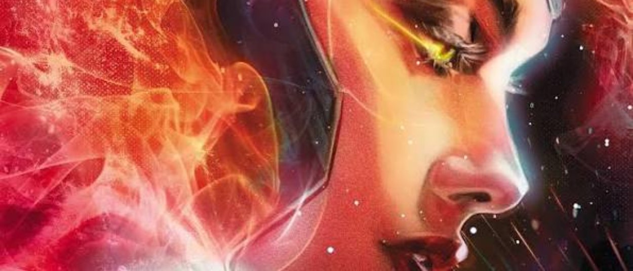 Jean Grey schwebt mit ausgebreiteten Armen inmitten leuchtender orangegelber Phoenixflammen vor einem dunklen kosmischen Hintergrund.