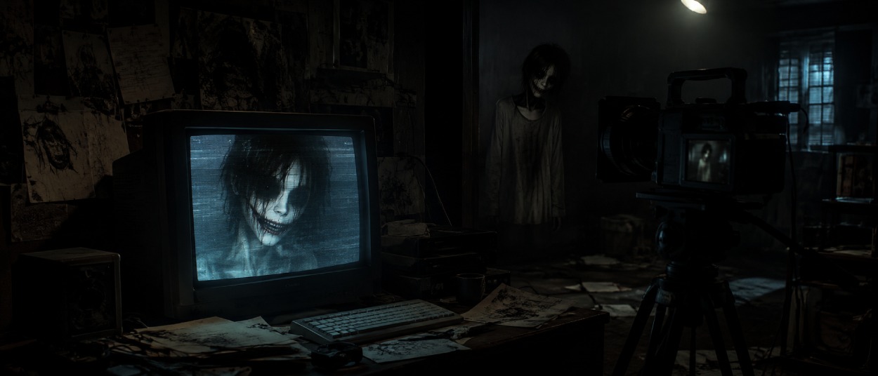 In einem dunklen Raum steht ein alter Röhrenmonitor auf einem Schreibtisch und zeigt ein bleiches verzerrtes Gesicht; im Hintergrund stehen eine schemenhafte Gestalt und eine Filmkamera zwischen verstreuten Zeichnungen und Papieren.