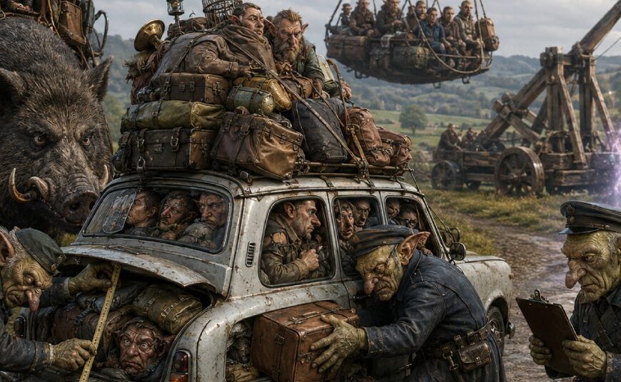 Goblins beladen auf einer Landstraße ein kleines überfülltes Fantasy-Auto mit Reisenden und Gepäck, während daneben ein Keiler, ein Drache und ein Katapult als alternative Transportmittel warten.