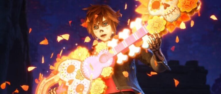 Sora hält in einer dunklen Umgebung ein bunt verziertes Schlüsselschwert mit leuchtenden Blumen- und Totenkopfmotiven vor sich.