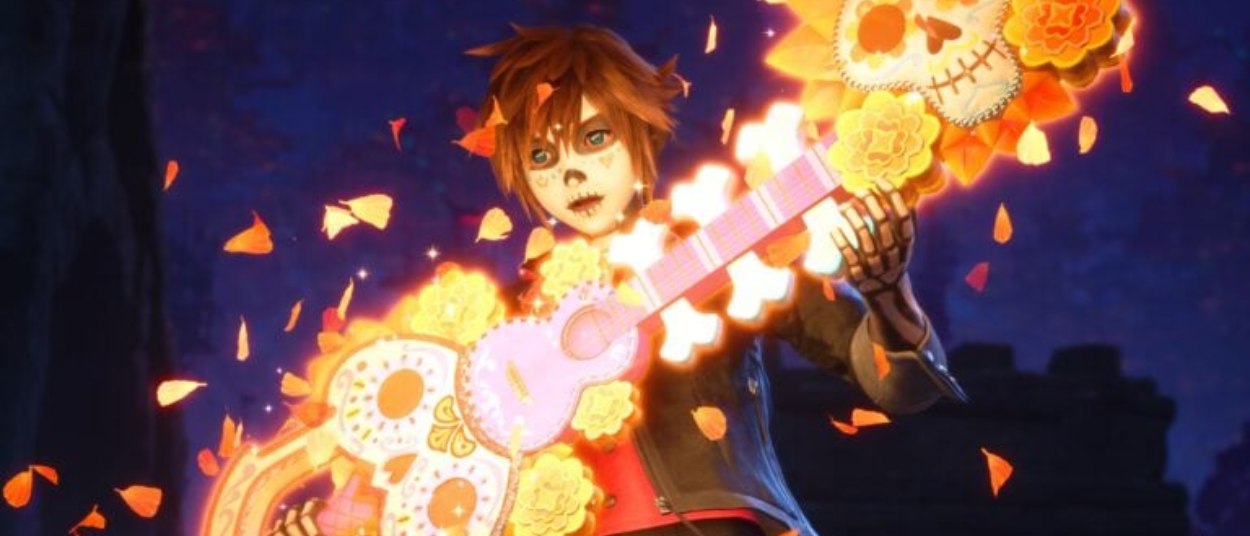Sora hält in einer dunklen Umgebung ein bunt verziertes Schlüsselschwert mit leuchtenden Blumen- und Totenkopfmotiven vor sich.