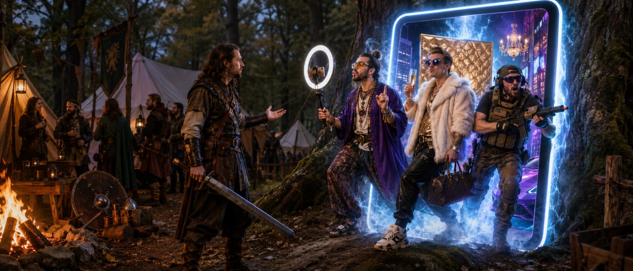 Ein Liverollenspieler steht mit Schwert in einem Waldlager vor einem leuchtenden Smartphone-Portal. Daraus treten drei moderne Poser mit Ringlicht, Pelzmantel und taktischer Ausrüstung.