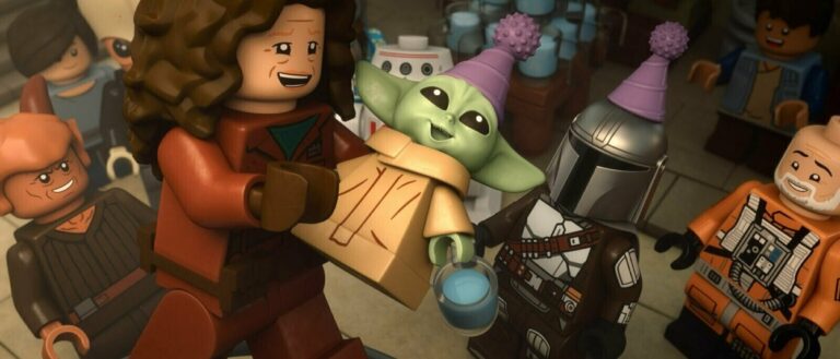 LEGO-Versionen von Din Djarin und Grogu stehen in einer Szene aus LEGO Star Wars: The Mandalorian.
