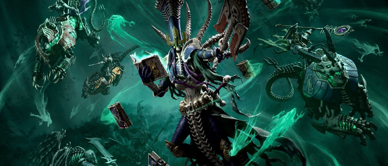 Nagash steht mit Knochenrüstung und Stab inmitten grün leuchtender Geisterenergie, während untote Kreaturen und schwebende Bücher ihn umgeben.