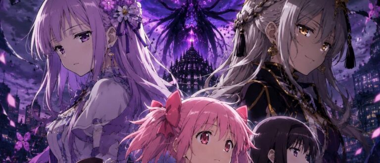 Madoka mit rosa Haaren steht vor einer dunkelvioletten Stadtlandschaft. Hinter ihr sind mehrere weitere Magical Girls sowie eine große schwarze, geflügelte Gestalt über einem turmartigen Gebäude zu sehen.