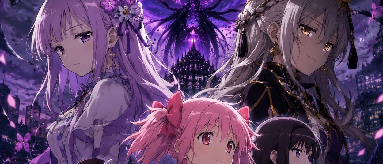 Madoka mit rosa Haaren steht vor einer dunkelvioletten Stadtlandschaft. Hinter ihr sind mehrere weitere Magical Girls sowie eine große schwarze, geflügelte Gestalt über einem turmartigen Gebäude zu sehen.