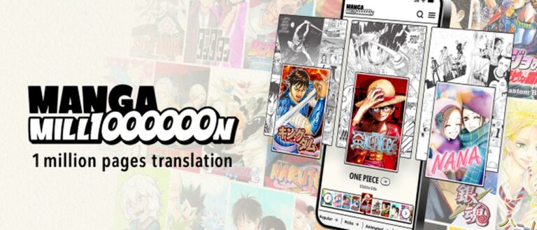 Das Logo von Manga Million steht neben mehreren Smartphones und schwebenden Manga-Seiten. Im Hintergrund sind zahlreiche farbige Manga-Cover zu sehen.