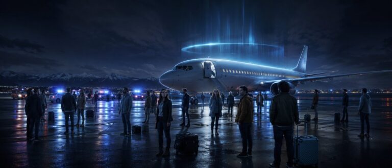 Ein Passagierflugzeug steht nachts auf einem nassen Rollfeld, während verstreute Passagiere mit Koffern orientierungslos davor stehen; über der Maschine leuchtet ein rätselhaftes blaues Licht, im Hintergrund sind Einsatzfahrzeuge und Berge zu sehen.