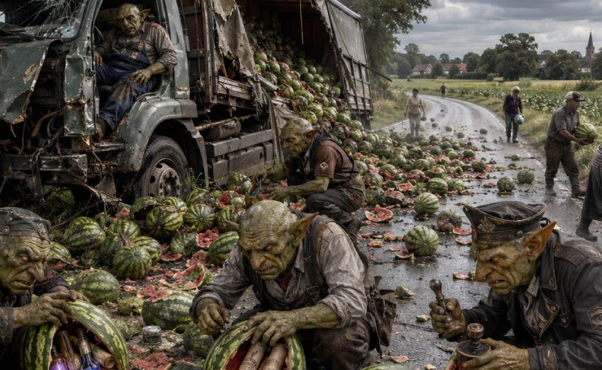 Ein verunglückter Lkw liegt an einer Landstraße neben einem Baum, während überall Melonen verstreut sind und kleine goblinartige Gestalten hektisch zwischen den Früchten nach etwas suchen.