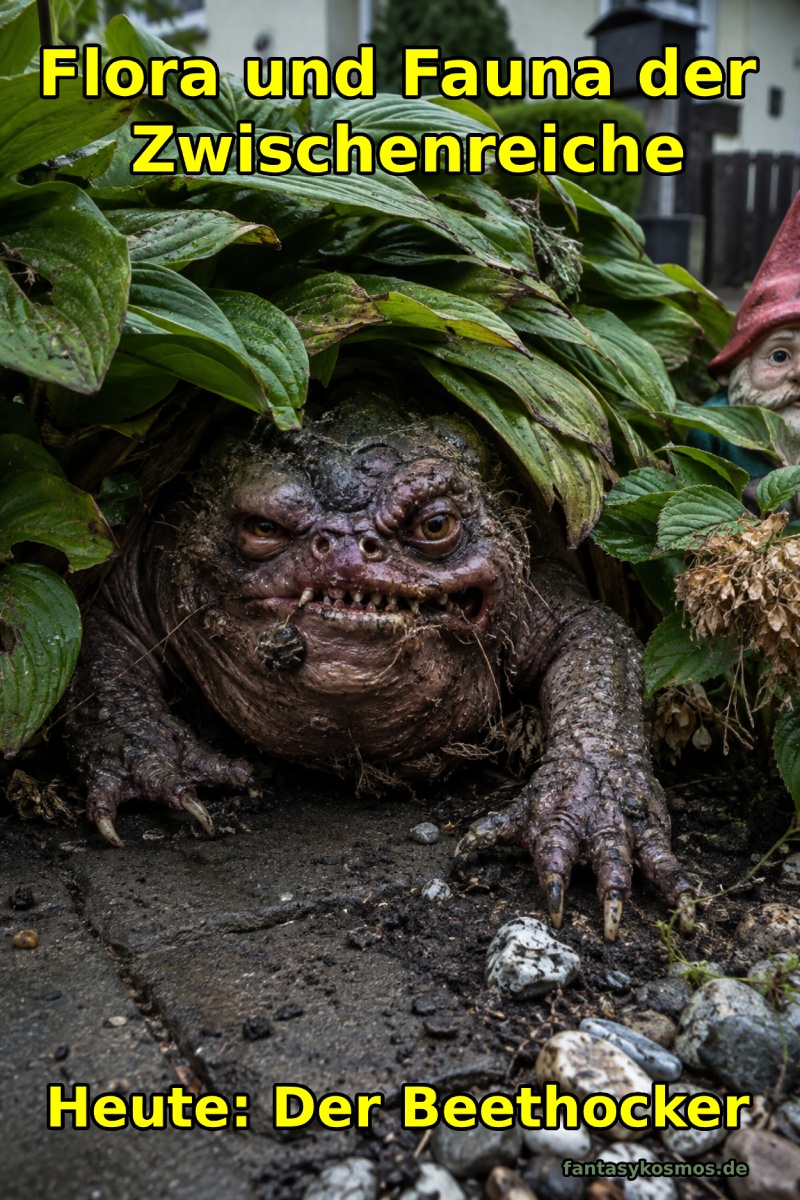 Makroartiges Fantasy-Naturfoto im Hochformat: Ein feister, krötenartiger Beethocker mit schlammiger Haut, schiefen Zähnen, gelben Augen und langen Krallen lauert unter breiten Blättern in einem gepflegten Vorgarten. Neben ihm stehen ein Gartenzwerg, helle Ziersteine und nasse Pflanzen. Das Wesen wirkt wie ein erschreckend echter, bösartiger Gartenfund aus den Zwischenreichen.