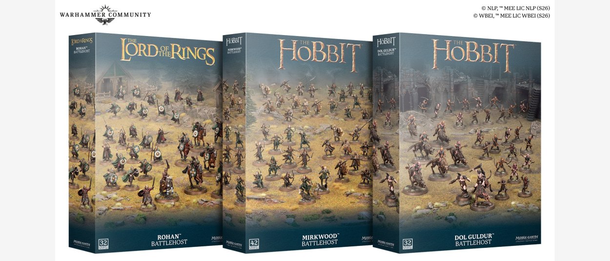 Drei Battlehost-Boxen stehen nebeneinander und zeigen zahlreiche bemalte Miniaturen von Rohan, Mirkwood und Dol Guldur auf unterschiedlichen Schlachtfeldern.