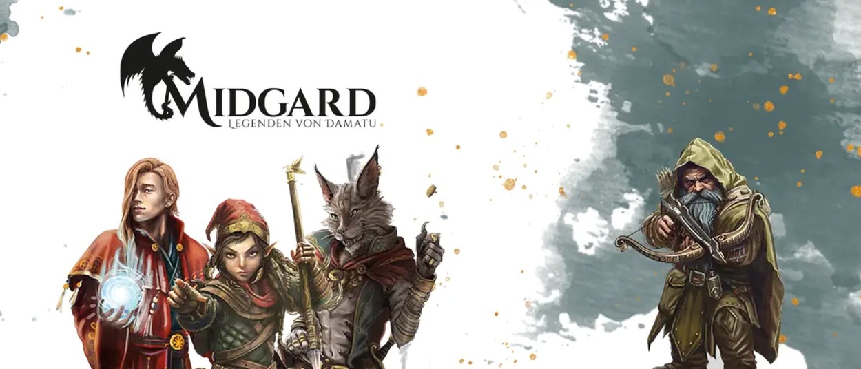 Drei Fantasy-Abenteurer mit Magie, Bogen und Stab stehen neben einem bärtigen Armbrustschützen. Über ihnen befindet sich das Logo von Midgard – Legenden von Damatu.