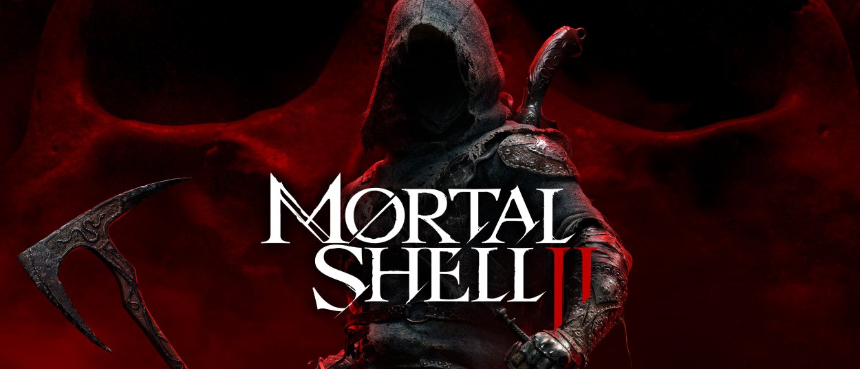 Ein gesichtsloser Krieger in dunkler Kapuzenrüstung steht vor einem roten, schädelartigen Hintergrund und hält eine große sichelförmige Waffe; über seinem Oberkörper liegt das Logo von Mortal Shell II.
