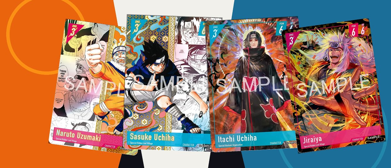 Vier Sammelkarten mit Naruto Uzumaki, Sasuke Uchiha, Itachi Uchiha und Jiraiya liegen leicht überlappend auf einem orange-blauen Hintergrund.