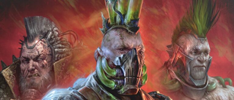 Drei schwer gezeichnete Goliath-Krieger mit Narben, Metallimplantaten, Atemmasken und auffälligen Irokesen stehen vor einem rot-orangefarbenen Hintergrund.
