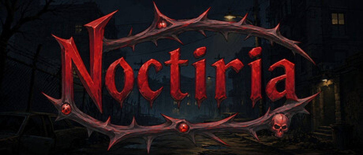 Das blutrote Noctiria-Logo aus dornartigen Formen steht vor einer dunklen, verfallenen Stadtstraße mit schwach beleuchteten Gebäuden.