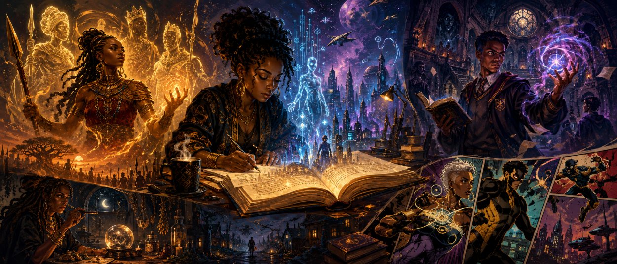 Breite Fantasy- und Science-Fiction-Collage zu den Nommo Awards 2026 mit mehreren schwarzen Hauptfiguren, einem offenen leuchtenden Buch im Zentrum, magischen Symbolen, futuristischen Stadtlandschaften, Ahnenmotiven, einem jungen Magier in einer Bibliothek und Comic-Panels im rechten Bildbereich.
