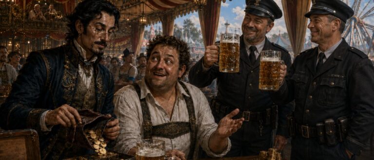 In einem überfüllten bayerischen Festzelt kassiert ein elegant gekleideter Fantasy-Händler Goldmünzen von Gästen, während ein weiterer Händler heimlich überteuerte Tischplätze anbietet.