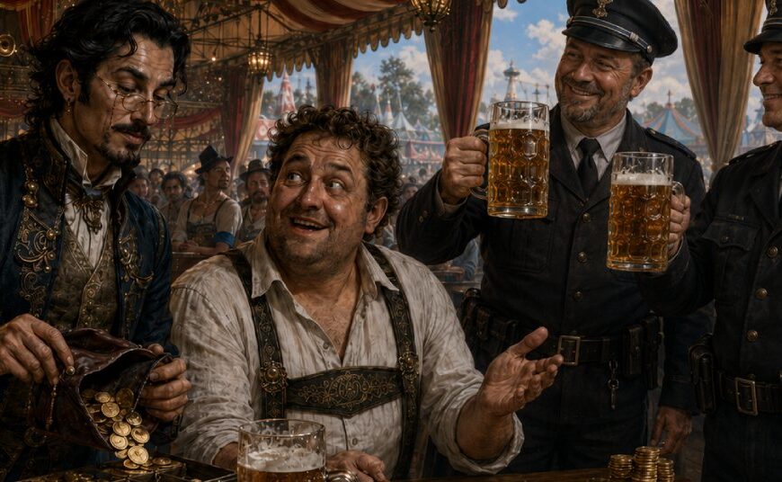 In einem überfüllten bayerischen Festzelt kassiert ein elegant gekleideter Fantasy-Händler Goldmünzen von Gästen, während ein weiterer Händler heimlich überteuerte Tischplätze anbietet.