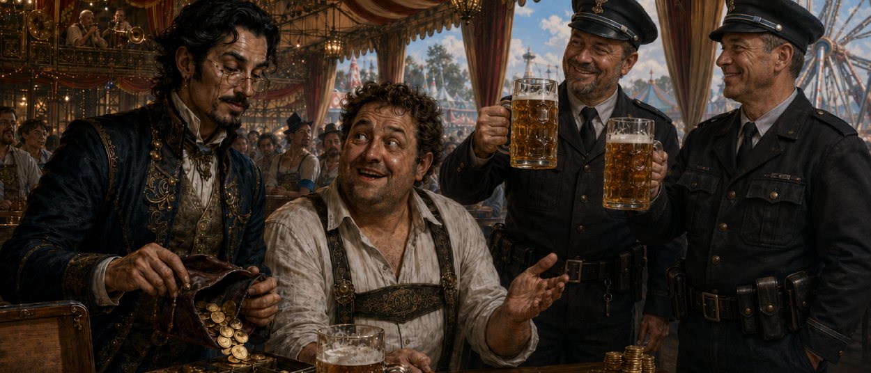 In einem überfüllten bayerischen Festzelt kassiert ein elegant gekleideter Fantasy-Händler Goldmünzen von Gästen, während ein weiterer Händler heimlich überteuerte Tischplätze anbietet.