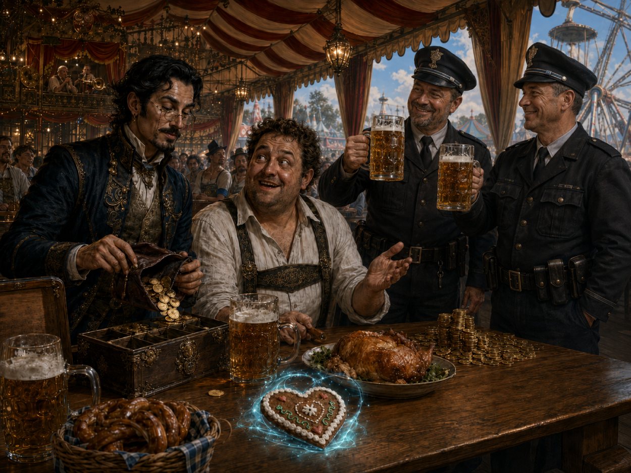 In einem überfüllten bayerischen Festzelt kassiert ein elegant gekleideter Fantasy-Händler Goldmünzen von Gästen, während ein weiterer Händler heimlich überteuerte Tischplätze anbietet.