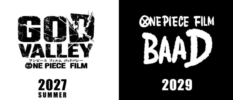 Offizielles Doppelmotiv mit schwarzem ONE PIECE FILM GOD VALLEY-Logo und dem Hinweis Summer 2027 auf weißem Grund sowie weißem ONE PIECE FILM BAAD-Logo mit der Jahreszahl 2029 auf schwarzem Grund.