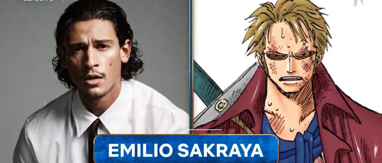 Emilio Sakraya steht auf der linken Hälfte des offiziellen One-Piece-Castingmotivs, rechts ist die Mangafigur Koza zu sehen.