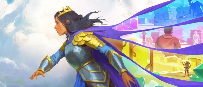 Eine dunkelhaarige Königin mit goldener Krone und blau-goldener Rüstung läuft vor hellem Himmel nach links; ihr langer violetter Umhang zeigt farbige Ausschnitte verschiedener Fantasywelten.