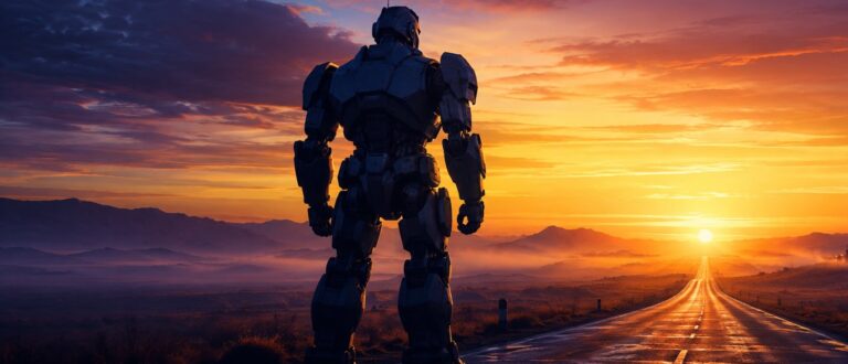 Eine große humanoide Robotergestalt steht von hinten an einer einsamen Straße und blickt in einen warmen Sonnenaufgang am Horizont.