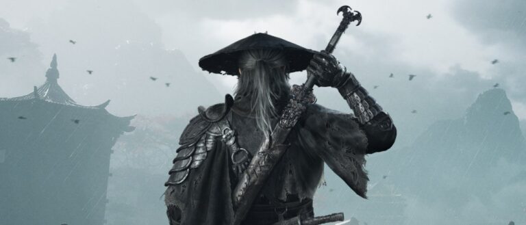Der schwarz gekleidete Schwertkämpfer Soul steht mit gezogener Klinge einem bewaffneten Gegner in einer düsteren, von Nebel und warmem Licht erfüllten Landschaft gegenüber.