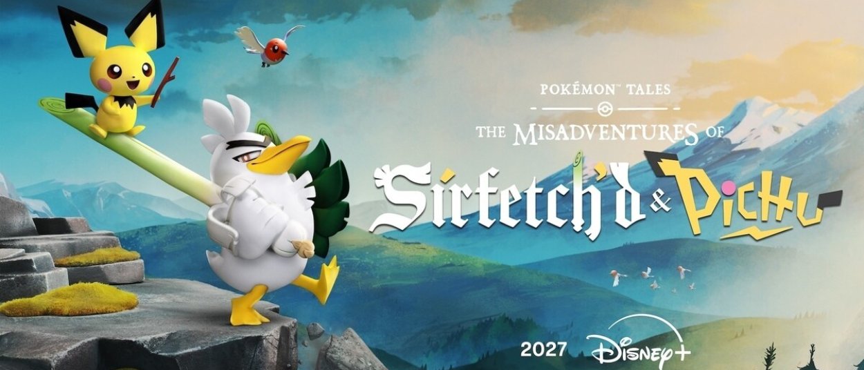 Sirfetch’d läuft mit seiner großen Lauchstange über einen felsigen Vorsprung, während Pichu darauf sitzt; im Hintergrund erstreckt sich eine weite Berglandschaft mit weiteren Pokémon.