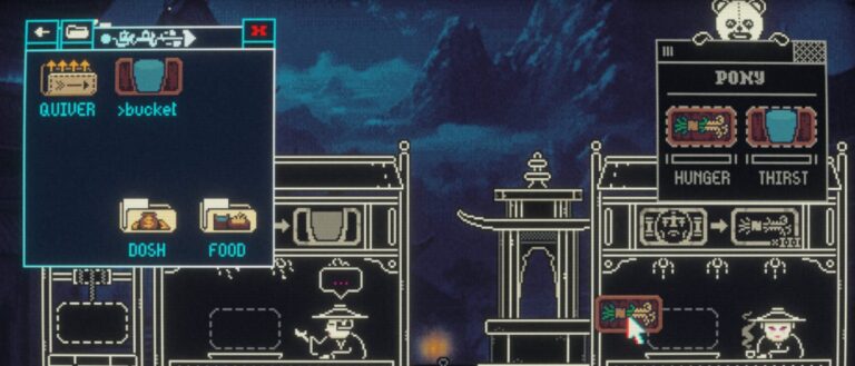 Ein pixelartiger Spielbildschirm aus Pony Island 2: Panda Circus zeigt mehrere überlagerte Inventar- und Statusfenster vor einer düsteren Berglandschaft mit stilisierten Unterweltfiguren.